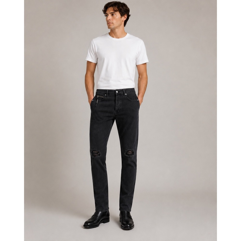 NWT The Kooples Men's Black Fitted Distressed Jeans Skull Zip Pocket